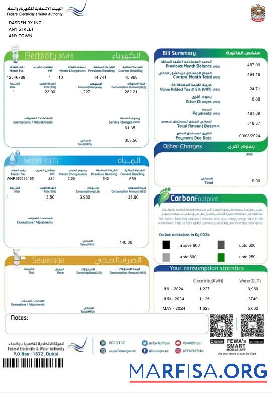 Realistic UAE Dubai Federal Electricity & Water Authority business utility bill Word and PDF template